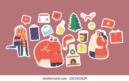 Set Stickers Loving Couple Hug. Male and Female Characters Hugging and Embracing Isolated Patches Pack. Funny Man and Woman Wear Xmas Costumes and Santa Hats Cuddle. Cartoon People Vector Illustration