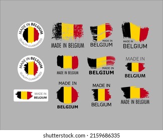 Set of stickers. Made in Belgium. Brush strokes shaped with Belgian flag. Factory, manufacturing and production country concept. Design element for label and packaging. Vector colorful illustration.