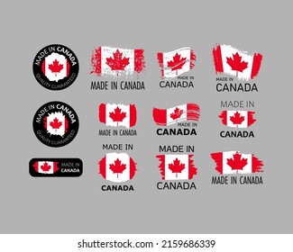 Set of stickers. Made in Canada. Brush strokes shaped with Canadian flag. Factory, manufacturing and production country concept. Design element for label and packaging. Vector colorful illustration.