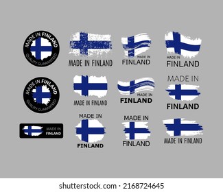 Set of stickers. Made in Finland. Brush strokes shaped with Finnish flag. Factory, manufacturing and production country concept. Design element for label and packaging. Vector 