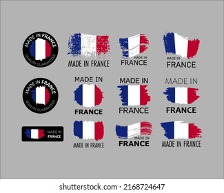 Set of stickers. Made in France. Brush strokes shaped with French flag. Factory, manufacturing and production country concept. Design element for label and packaging. Vector 