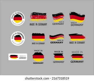 Conjunto de stickers. Hecho en Alemania. Pincel con forma de bandera alemana. Concepto de fábrica, manufactura y país de producción. Elemento de diseño para etiqueta y embalaje. Vector 