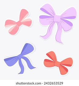 Un conjunto de pegatinas hechas de arcos de regalo. Una ilustración simple con cintas de regalo.