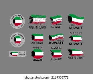 Set of stickers. Made in Kuwait. Brush strokes shaped with Kuwaiti flag. Factory, manufacturing and production country concept. Design element for label and packaging. Vector 