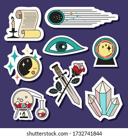 un conjunto de stickers hechos de símbolos mágicos.ocho dibujos a color en un estilo de dibujos animados planos con un contorno blanco. ilustración vectorial de stock. EPS 10.