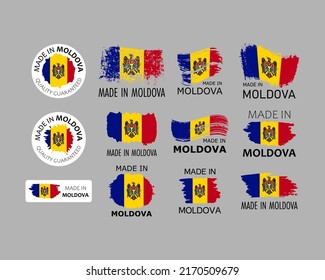 Set of stickers. Made in Moldova. Brush strokes shaped with Moldavian flag. Factory, manufacturing and production country concept. Design element for label and packaging. Vector 