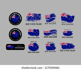 Set of stickers. Made in New Zealand. Brush strokes shaped with New Zealander flag. Factory, manufacturing and production country concept. Design element for label and packaging. Vector 