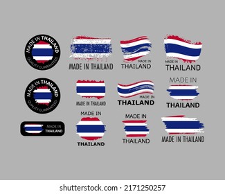 Set of stickers. Made in Thailand. Brush strokes shaped with Thai flag. Factory, manufacturing and production country concept. Design element for label and packaging. Vector 