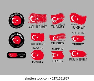 Set Aufkleber. Hergestellt in der Türkei. Pinselstriche in Form von türkischer Flagge. Konzept des Werkes, der Produktion und des Produktionslandes. Design-Element für Etiketten und Verpackungen. Vektorgrafik 