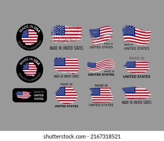 Set of stickers. Made in USA. Brush strokes shaped with american flag. Factory, manufacturing and production country concept. Design element for label and packaging. Vector 