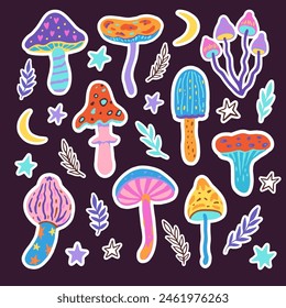 Set of stickers with magic mushrooms. Vector illustration of fairy cartoon mushrooms, stars and plants in bright psychedelic style.