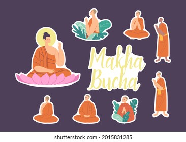 Set von Stickern Makha Bucha Feiertag. Buddha sitzend in Lotus Blume, Buddhisten Mönche mit Orange Robes Gebet, Buddha Charakter Meditat, Unterrichten Mönche. Vektorgrafik von Cartoon People