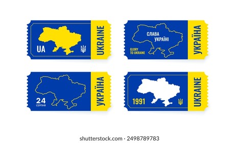 Set of stickers with a map of Ukraine. Flat stamps with the inscription: Glory to Ukraine. August 24 is Independence Day of Ukraine. Flat design banners. Vector illustration. White background. 