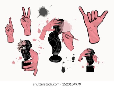 Set of stickers marble statue head, contemporary scribble and shapes, human hands. Design ethnic boho style decor. 