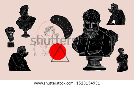 Set of stickers marble statue head, contemporary scribble and shapes. 