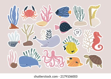 A set of stickers with marine animals.  Beautiful children's clipart in cartoon style.