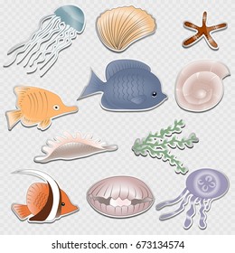 Set of stickers "marine life". Vector illustration on a transparent background.