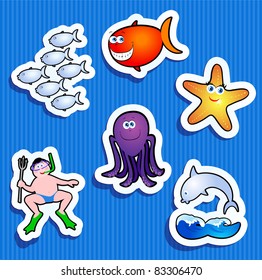 Set of stickers with maritime subjects, vector icons
