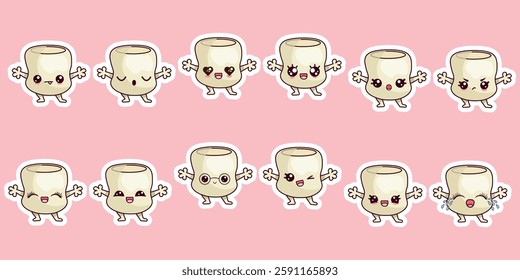 A set of stickers of a marshmallow character in kawaii style with different emotions. Dessert vector illustration	