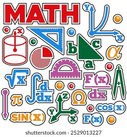A set of stickers with mathematical symbols. Isolated on white background.  Vector illustration.