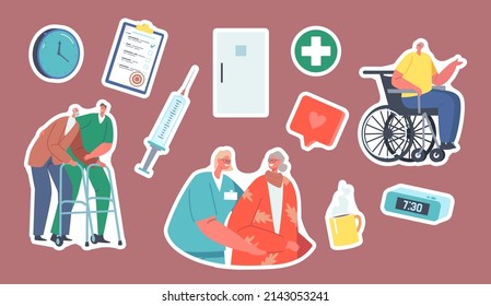 Set of Stickers Medical Care of Elderly People. Medics Help Old Disabled People in Clinic. Social Worker Staff Care of Sick Seniors on Wheelchair, Nurse Service, Syringe. Cartoon Vector Illustration