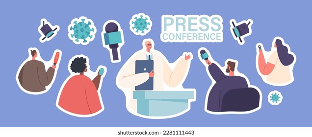 Set of Stickers Medical Press Conference Theme. Man Doctor on Tribune Speaking to Audience, Making Report, Journalists