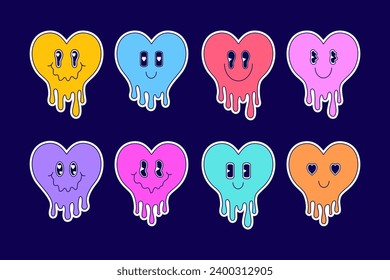 Set of stickers with melting hearts in cartoon style. 