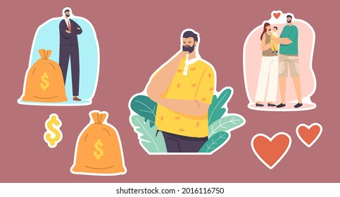 Set of Stickers Men Choice. Male Character Choose between Career and Family. Businessman with Money Sack, Father with Child and Wife. Balance of Work and Relations. Cartoon Vector Illustration