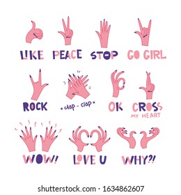 Set of stickers for messengers and social media. Female hands emoji with handwritten text. Vector hand drawn doodle clipart. Go girl, Ok, like, stop, love u signs. Pink and purple girl power colors.