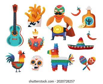 Set Of Stickers With Mexican Characters, Items And Foods, Sombrero Hat And Birthday Piñata. Vector Images For Your Cards And Party Invitations