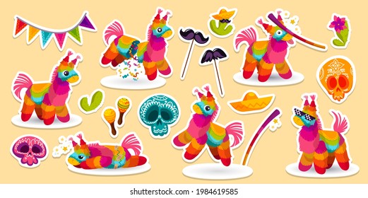 Set of stickers mexican donkey pinata, bat, sugar skulls and sombrero with maracas or cacti. Colorful toys with treats, mustaches on stick with flag garland, Dia de los Muertos Cartoon vector patches