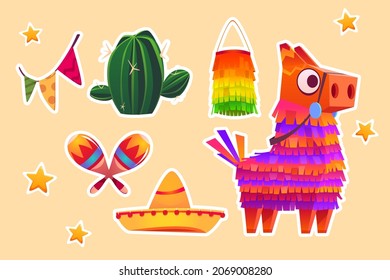 Set of stickers Mexican pinata donkey, colorful toy with treats, cactus, maracas, sombrero and flag garland for child birthday. Viva Mexico party celebration, carnival or fiesta Cartoon vector patches