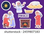 Set of stickers Miracle in flat cartoon design. These lovely bright illustrations show an old couple expecting a baby and elements of their lives. Vector illustration.