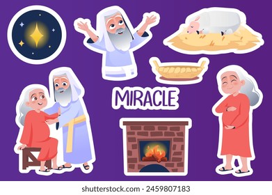 Set of stickers Miracle in flat cartoon design. These lovely bright illustrations show an old couple expecting a baby and elements of their lives. Vector illustration.