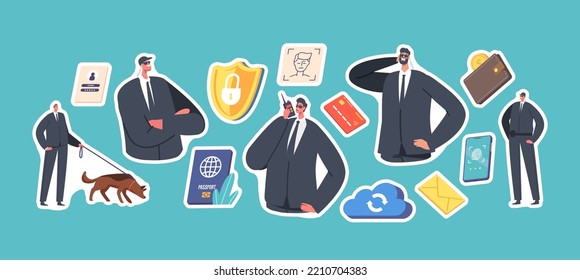 Set of Stickers Mobile Data Protection, Privacy in Internet. Safeguards Characters with Shepherd Dog, Smartphone with Finger Print on Screen, Shield, Lock, Passport. Cartoon People Vector Illustration