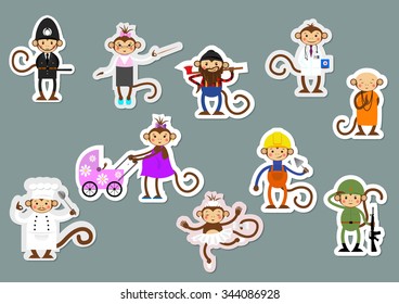 Set of Stickers Monkey Profession. Symbols of Chinese New Year