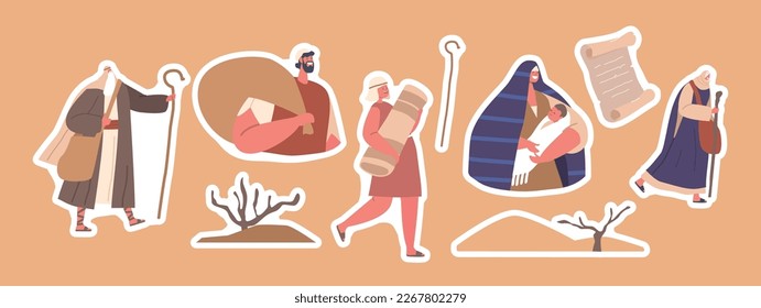 Set Stickers Moses Guides Israelites Through Desert, Character with Staff In Hand, People Exodus to Promised Land. Sand Dunes, Man with Sack, Child and Mother with Baby . Cartoon Vector Illustration