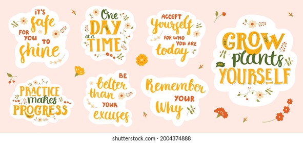 Set of stickers with motivational and inspirational lettering. Collection of hand-drawn designs in warm colors. 