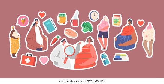 Set of Stickers Multinational Women Pregnancy and Motherhood. Diverse Pregnant Mothers with Big Belly, Female Characters Prepare for Maternity. Cartoon People Vector Illustration, Isolated Patches
