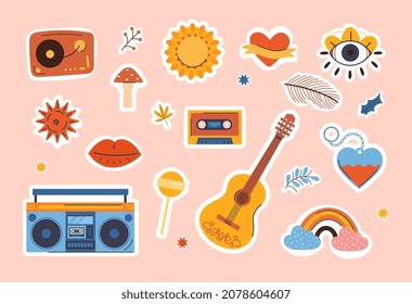 Set of stickers. Music hippies icons badges. Guitar, sun, radio, camera, rainbow, lips. Metaphor creativity active lifestyle. Cartoon flat vector illustrations isolated on pink background