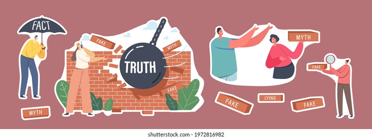 Set of Stickers Myths and Facts, Information Accuracy. Character under Umbrella, Ball Demolishing Fake News Wall. Trust and Honest Data Source Versus, Fiction. Cartoon People Vector Illustration