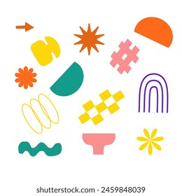 Set of stickers with naive playful abstract shapes. Circle, oval, rectangle, arched in the trendy retro style. Aesthetics background of brutalism. Vector illustration with wavy geometric elements.