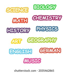 A set of stickers with the names of school subjects. Back to school. Natural and mathematical sciences. Vector illustration.