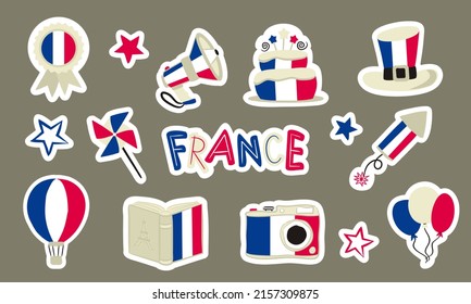 Conjunto de stickers Símbolos franceses nacionales. Elementos aislados para el Día de la Bastilla o la Decoración Nacional de Francia. Ilustración de vectores dibujada a mano para una decoración festiva o festiva.