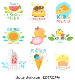 Set of stickers of natural children s menu with colorful images of natural fruits, sweets, ice cream, children s delicious drinks.