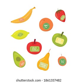 Set stickers for natural, organic fruits with hand written sign - eco food, bio product, natural taste, eco farm, gmo free. Vector stock illustration isolated on white background.