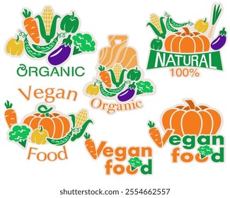 set of stickers of natural and vegan food and natural products