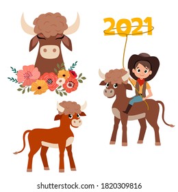 Set of stickers for the new year 2021. Cute calf and boy, bull with flowers. Year of the Bull. Vector illustration.