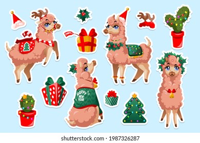 Juego de emoticones con Llama de Año Nuevo, animal vicuna Perú. Caricatura de alpaca de Navidad. Mascota Lama mexicana con ropa de cara linda Navidad ropa festiva, garland y caja de regalo parches aislados cortados