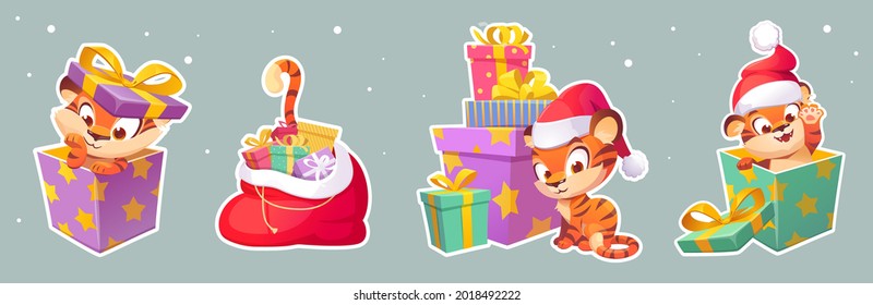 Set of stickers New Year tiger in Santa hat, 2022